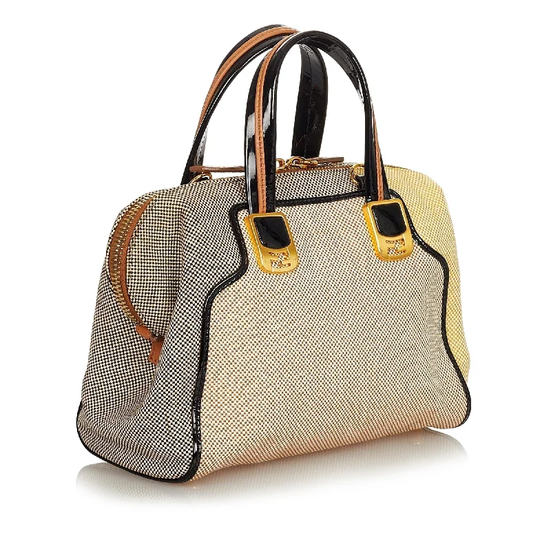 Fendi handbags with a metallic - finish FF logo for a bold and glamorous lookFendi Colorblock Canvas Chameleon Handbag (SHG-24876)