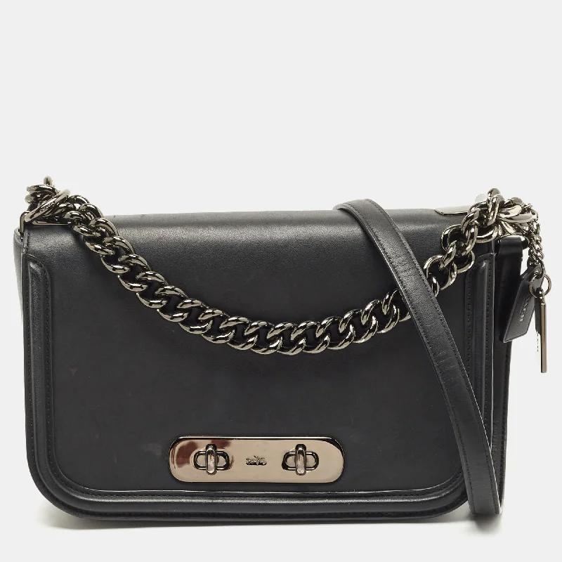 Coach bags with a front - flap pocket and a turnlock for a classic aestheticBlack Leather Swagger Flap Crossbody Bag