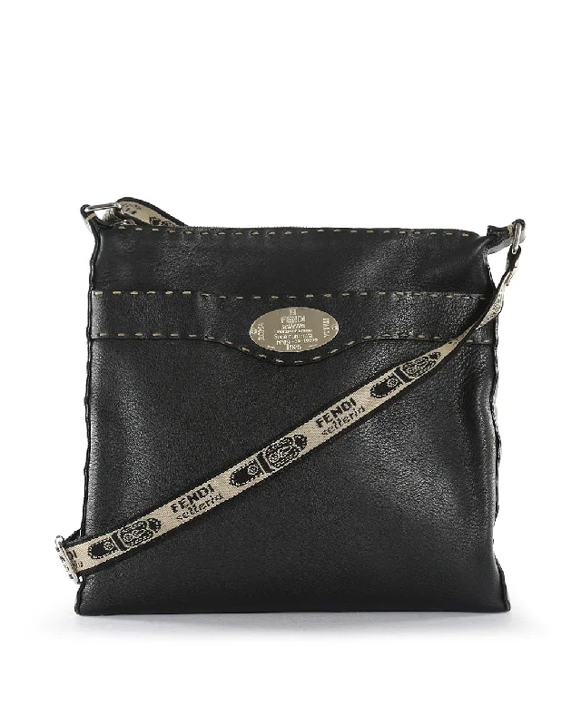 Fendi bags with a chain - link trim and a leather body for a modern and edgy lookFENDI Black Pebbled Leather With Canvas Strap Medium Crossbody Bag