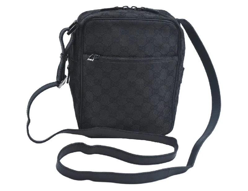 Women Gucci bags with a front - zip pocket for small itemsAuthentic GUCCI Shoulder Cross Body Bag GG Canvas Leather 03136 Black L0601