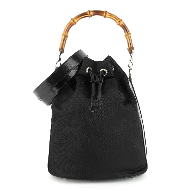 Women Gucci bags with a detachable mobile phone holderNylon Bamboo Handle Drawstring Bucket Bag