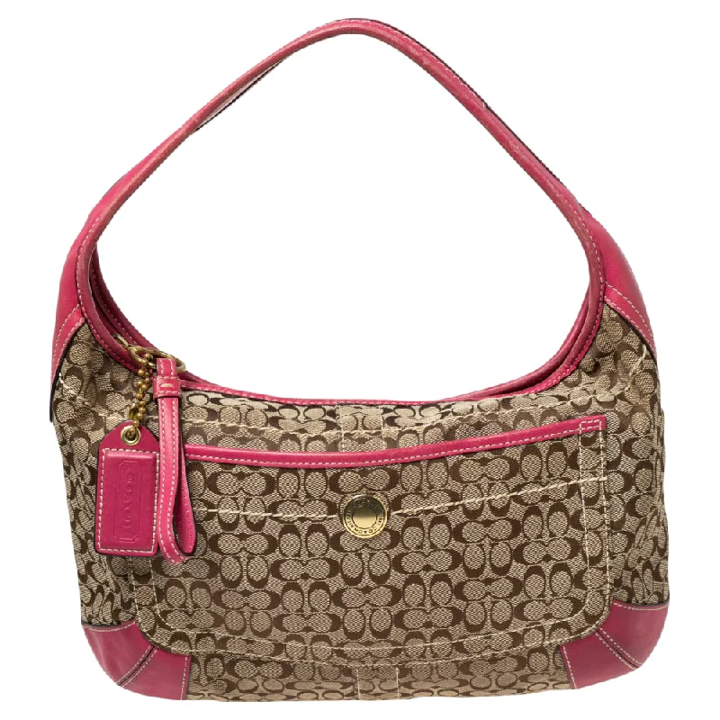 Coach crossbody bags in a vibrant, eye - catching color for a bold statementPink/Beige Signature Canvas and Leather Zip Hobo