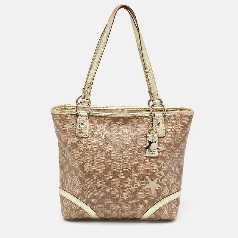 Coach bags with a patent - leather finish for a shiny and sophisticated appearanceBeige/Gold Signature Coated Canvas and Leather Heritage Star Tote