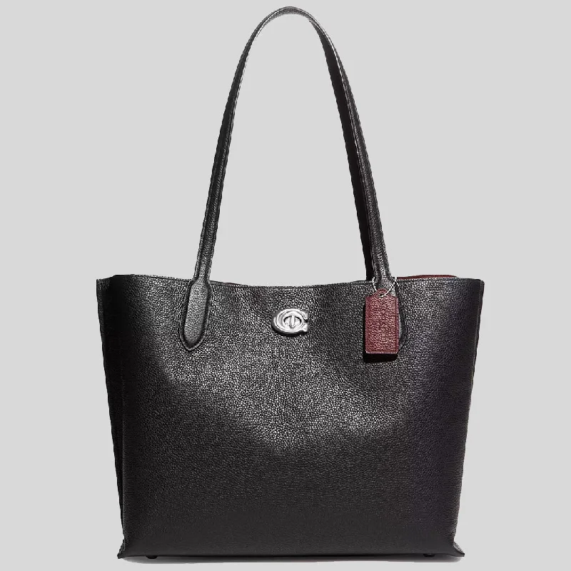 Coach Dempsey bags with a contrast - colored interior for visual interestCOACH Willow Tote Bag Silver/Black C0689