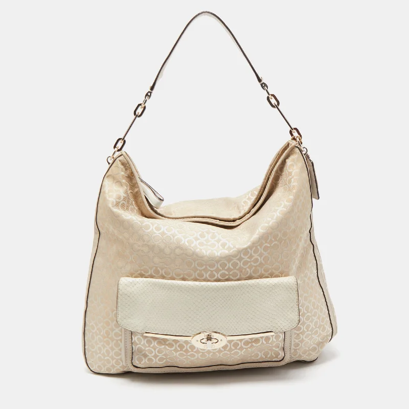 Coach bags with a front - flap pocket and a turnlock for a classic aestheticCream Op Art Fabric and Leather Madison Hobo