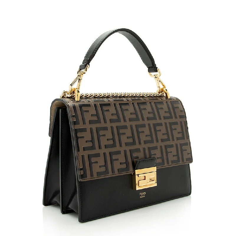 Fendi crossbody bags with a woven leather strap for a unique texture and visual appealFendi FF Embossed Calfskin Kan I Medium Shoulder Bag (SHF-21719)