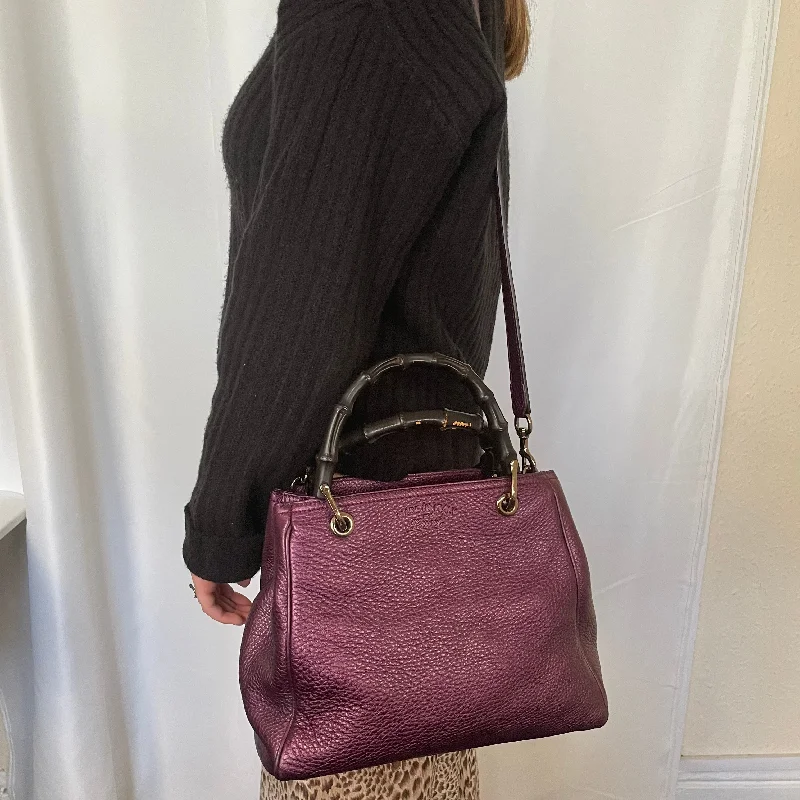 Ladies Gucci shoulder bags with a tassel decorationGucci Metallic Purple Medium Bamboo 2 Way Shopper