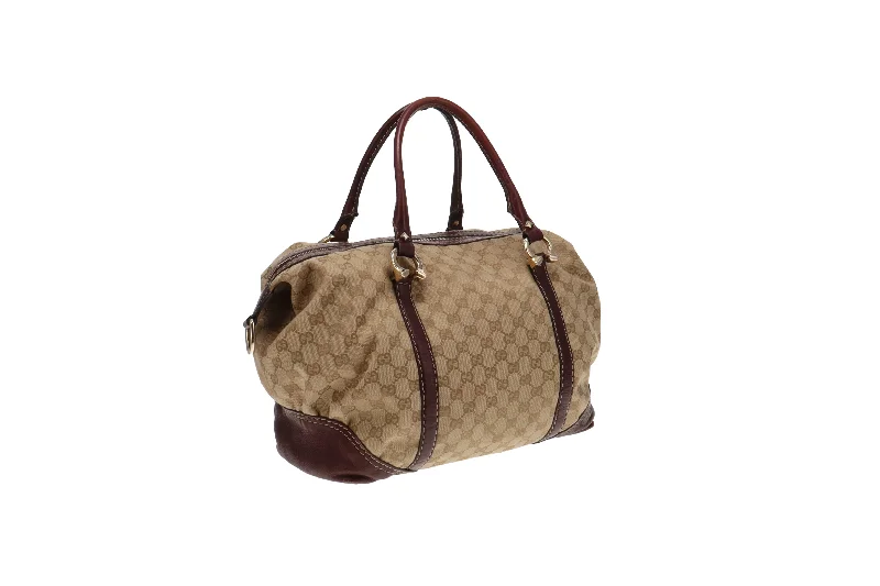 Gucci tote bags for women with a double - handle designGucci GG Canvas and Burgundy Leather Horsebit Nail Boston Bag