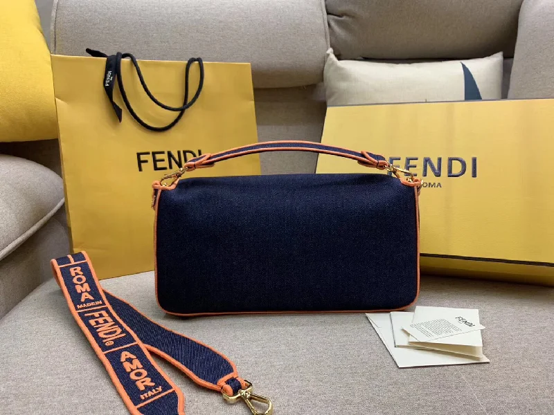 Ladies Fendi handbags with a detachable wallet insert for added convenienceFendi Large Baguette Bag In Blue Denim With Orange Trim