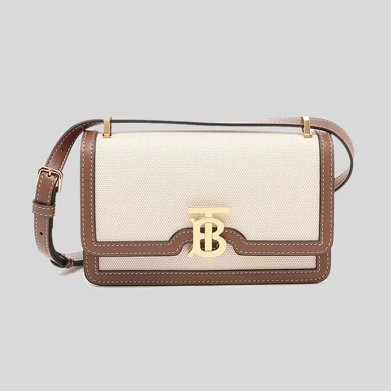 Sparkly Burberry Bags with Rhinestone EmbellishmentsBURBERRY Two-Tone Mini TB Elongated Crossbody Bag Natural/Malt Brown 80705741