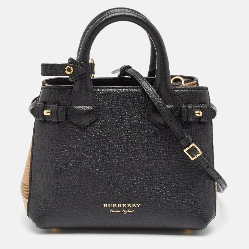 Water - Resistant Burberry Beach BagsBlack/Beige House Check Fabric and Leather Mini Banner Tote