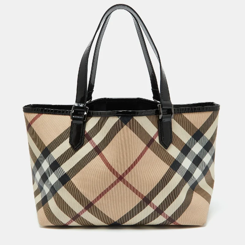 Soft Leather Burberry Duffel Bags for Weekend TripsBeige/Black Supernova Check Coated Canvas and Patent Leather Nickie Tote