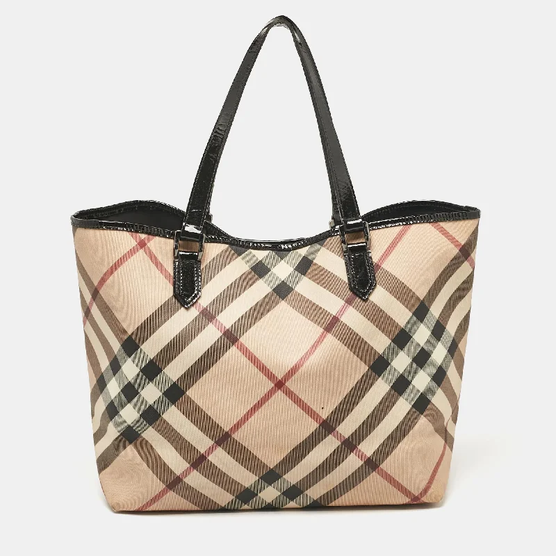 Dark - Hued Burberry Bags for a Sophisticated LookBlack/Beige Supernova Check Coated Canvas and Patent Leather Large Nickie Tote