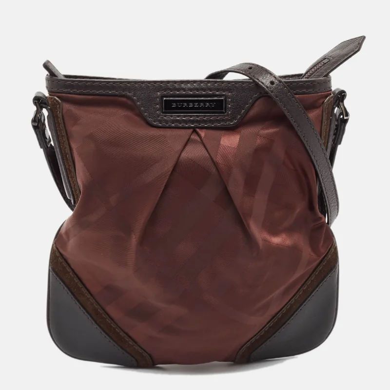 Burberry Bags with Interior Organizers for Easy SortingBurgundy/Brown Check Nylon, Leather and Suede Messenger Bag