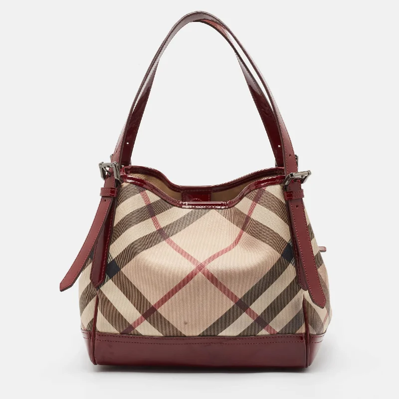 Customizable Burberry Bags with Personalized CharmsBurgundy/Beige Nova Check PVC and Patent Leather Canterbury Tote