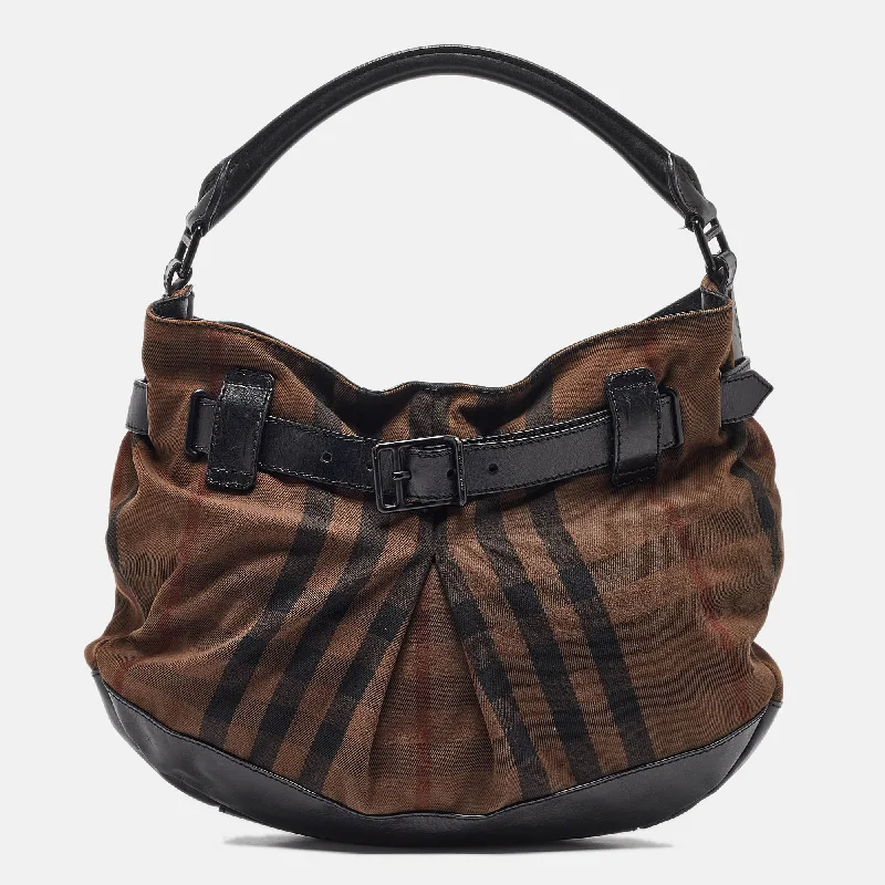 Sustainable Burberry Bags Made from Recycled MaterialsBlack/Brown Housecheck Canvas and Leather Buckle Hobo