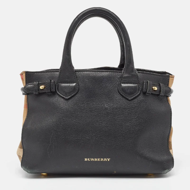 Burberry Bags with RFID Blocking TechnologyBlack/Beige Leather and House Check Fabric Small Banner Tote