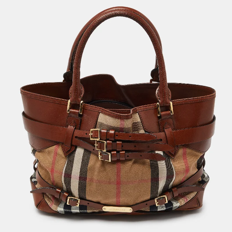 Metallic Finish Burberry Bags for a Glam LookBeige/Brown House Check Canvas and Leather Medium Bridle Lynher Tote