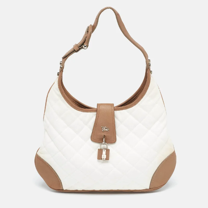 Faux Fur Trimmed Burberry Bags for WinterWhite/Brown Quilted Canvas and Leather Brooke Hobo