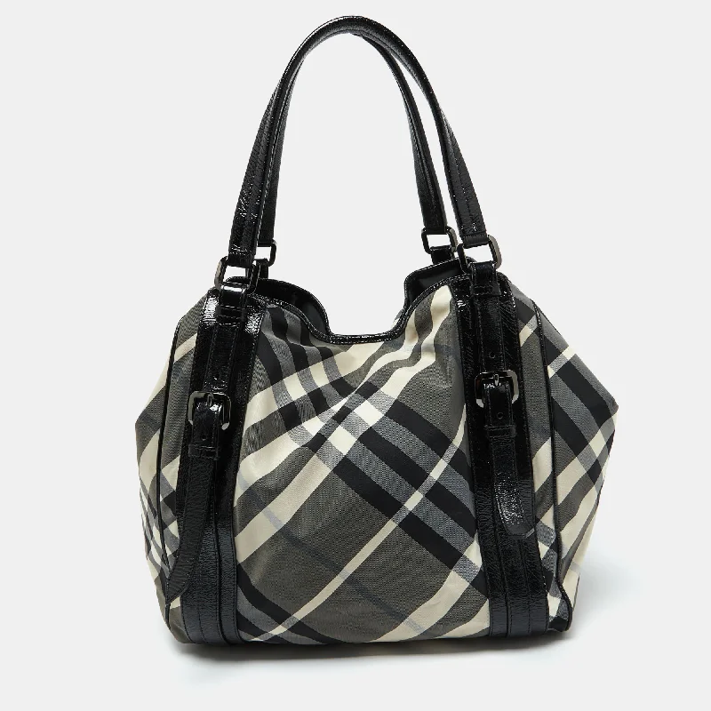 Minimalist Burberry Bags for a Sleek LookBlack Beat Check Nylon and Patent Leather Large Victoria Tote