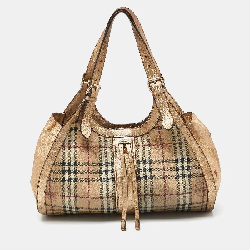 Color - Blocked Burberry Bags for a Bold StatementBeige/Gold Haymarket Check PVC and Leather Hobo