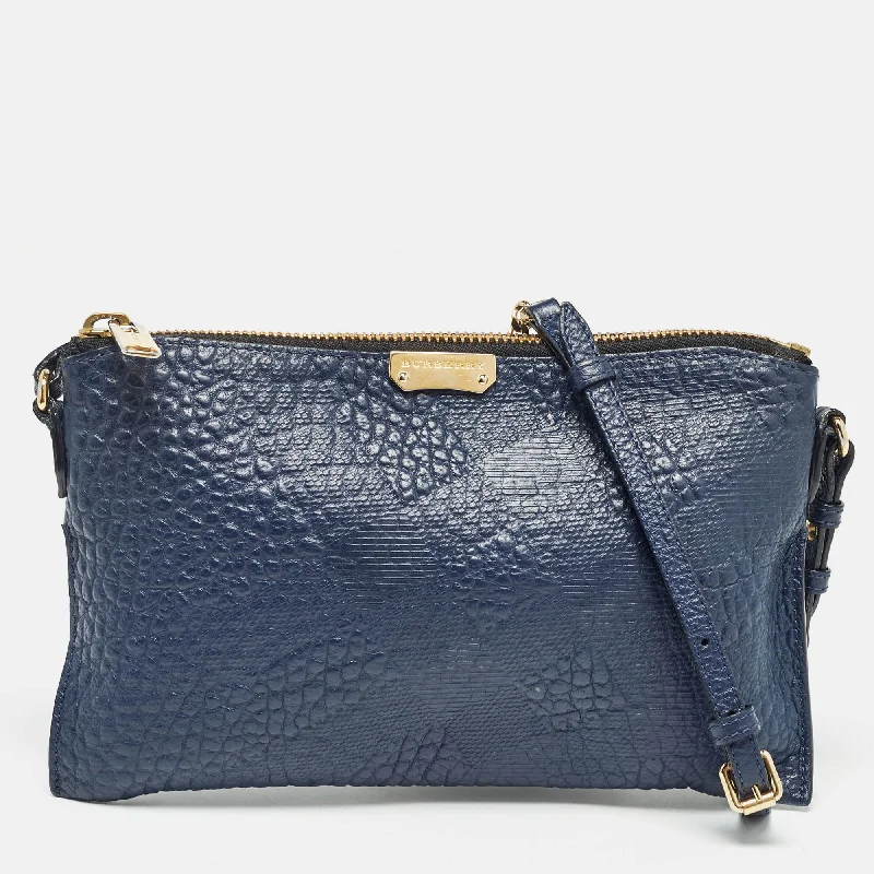 Miniature Burberry Crossbody Bags for Evening OutNavy Blue Grain Check Embossed Leather Peyton Crossbody Bag