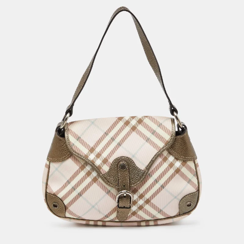 Light - Colored Burberry Bags for Spring and SummerPink/Metallic House Check PVC and Leather Buckle Flap Hobo