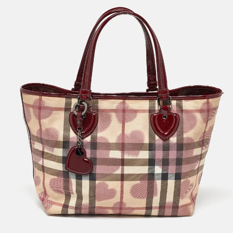 Burberry Bags with Antique - Style HardwareBeige/Burgundy Heart Print Check PVC and Patent Leather Brit Tote