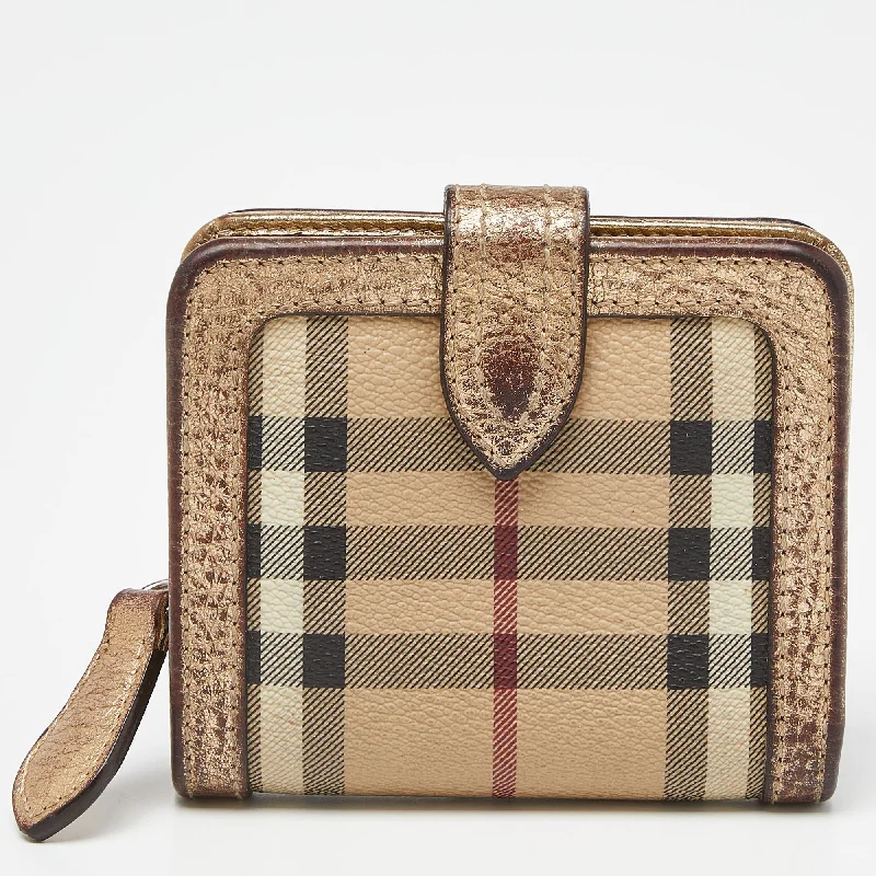 Burberry Bags with Adjustable Handles for Different Carrying WaysBeige/Gold Nova Check PVC and Leather Compact Wallet