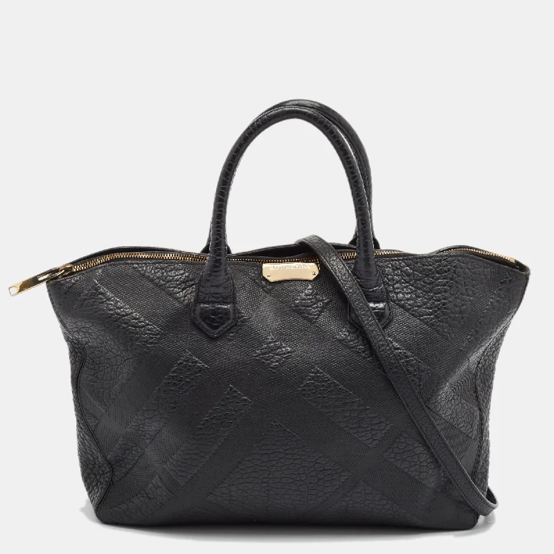 Sporty Burberry Bags for Athletic ActivitiesBlack Check Embossed Leather Dewsbury Tote