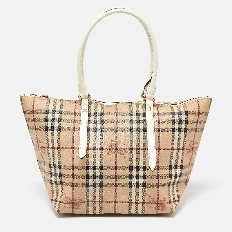 Burberry Bags with RFID Blocking TechnologyBeige/White Haymarket Check Coated Canvas and Patent Leather Salisbury Tote