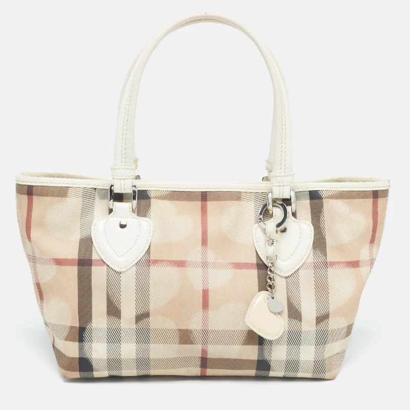 Two - Tone Burberry Bags for a Modern AestheticWhite/Beige House Check PVC and Patent Leather Heart Tote