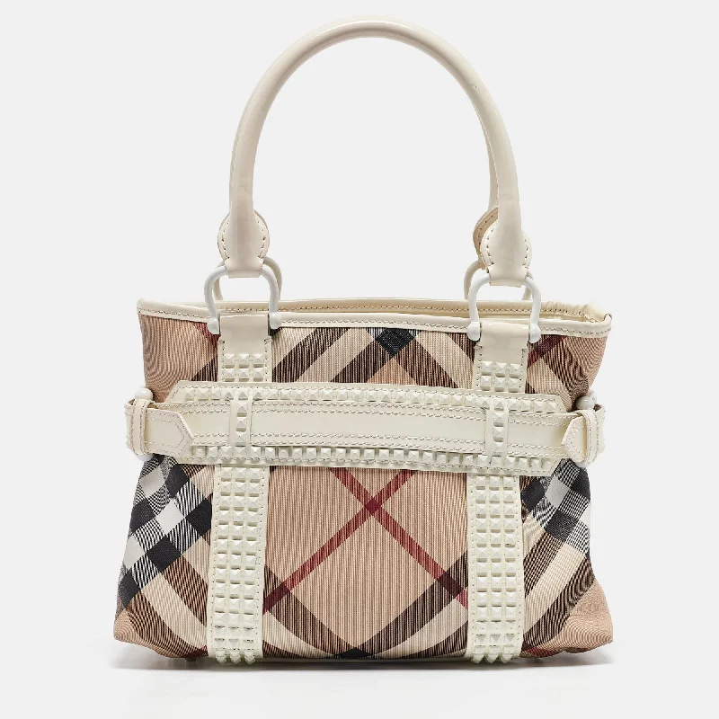 Miniature Burberry Crossbody Bags for Evening OutWhite/Beige Super Nova Check Vinyl Small Studded Rachel Tote