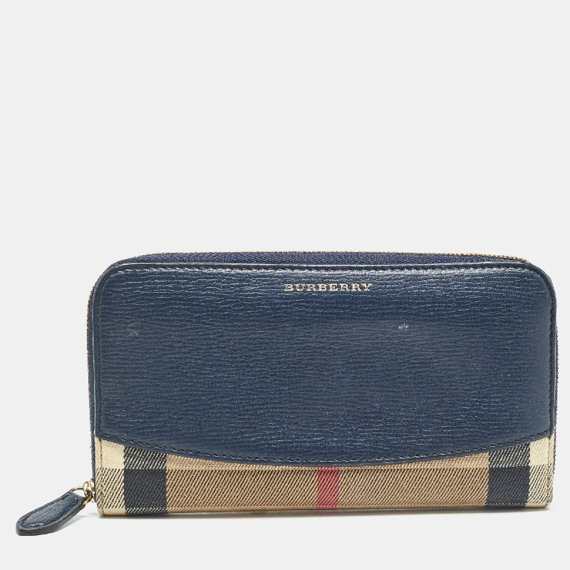 Adjustable Strap Burberry Messenger BagsNavy Blue/Beige House Check Canvas and Leather Zip Continental Wallet