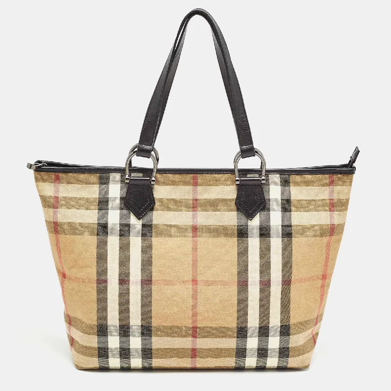 Sustainable and Ethical Burberry Bags for Conscious ConsumersBeige/Black House Check Shimmer Fabric and Leather Nickie Tote