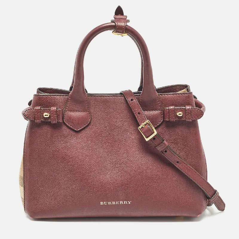 Color - Blocked Burberry Bags for a Bold StatementBurgundy/Beige Leather and House Check Fabric Small Banner Tote