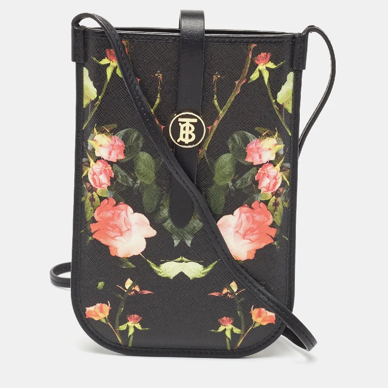 Burberry Bags with Adjustable Handles for Different Carrying WaysBlack Floral Print Coated Canvas Anne Phone Pouch with Strap