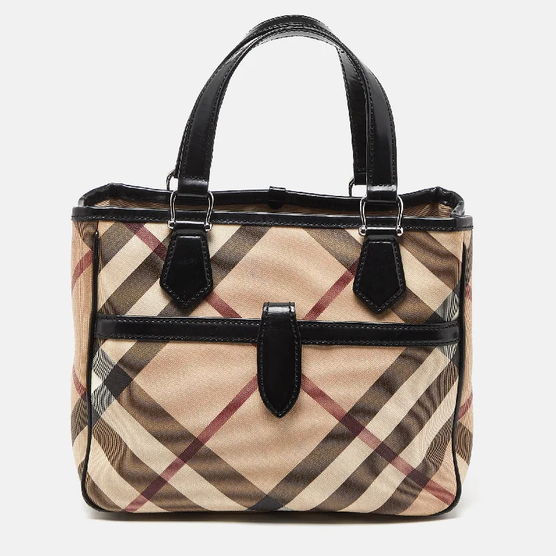 Burberry Bags with Zipper Compartments for SecurityBeige/Black Super Nova Check PVC and Patent Leather Tote