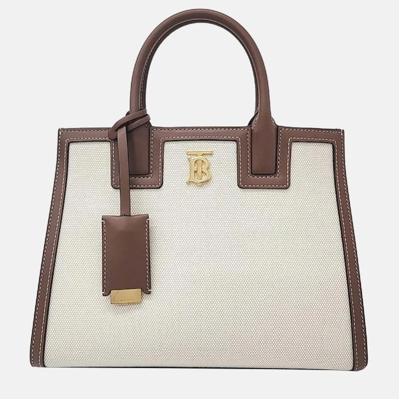 Burberry Bags with RFID Blocking TechnologyIvory/Brown Leather and Canvas Mini Frances Tote Bag