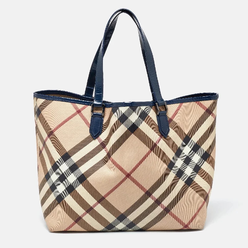 Elegant Burberry Clutch Bags for Formal EventsBeige/Blue Nova Check PVC and Patent Leather Shopper Tote