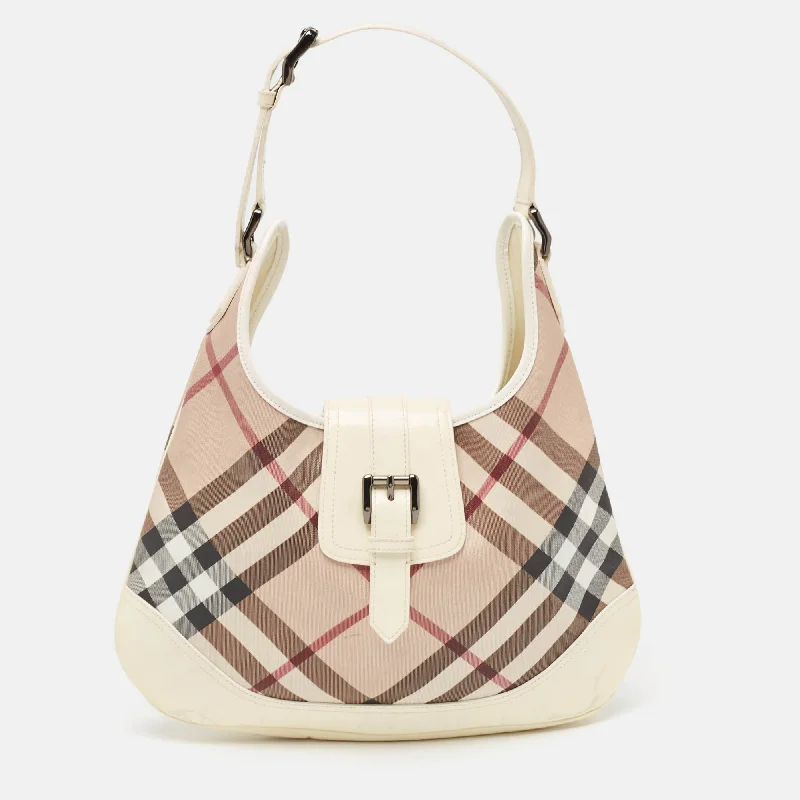 Burberry Bags with Zipper Compartments for SecurityWhite/Beige Nova Check PVC and Patent Leather Brooke Hobo