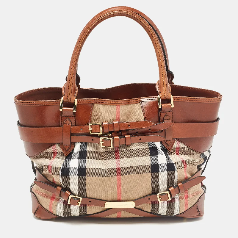 Two - Tone Burberry Bags for a Modern AestheticBrown/Beige House Check Canvas and Leather Medium Bridle Lynher Tote