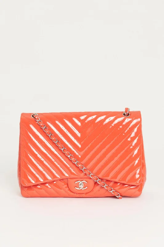 Chanel Classic Flap Bag for Evening Party2009 Coral Patent Timeless Classic Chevron Preowned Maxi Handbag