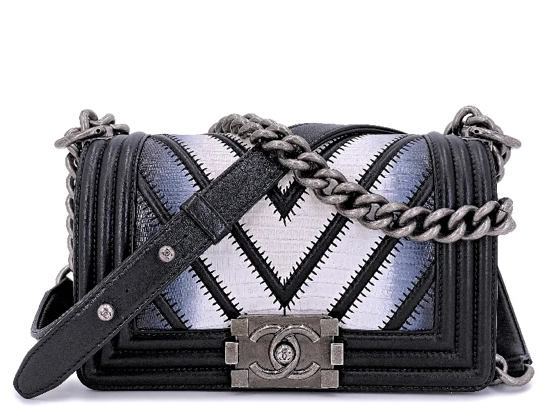 Chanel Designer Handbag with Unique DesignChanel Lizard Boy Bag 2016 Rare Black Airlines Chevron Flap OE7