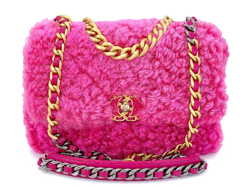 Chanel Designer Handbag with Unique DesignChanel 19 Pink Shearling Fur Small Medium Flap Bag