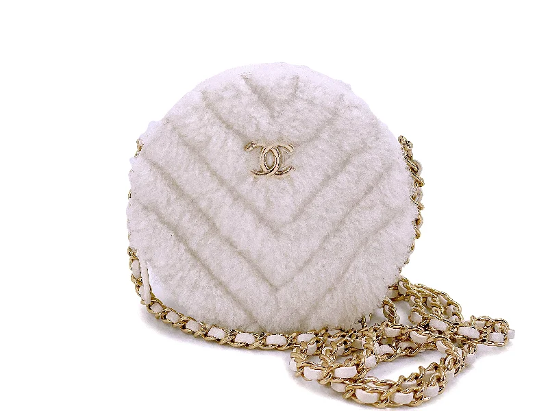 Chanel Small Crossbody Bag for TravelChanel 2019 White Shearling Chevron Fur Mini Round Drum Bag GHW 6RF