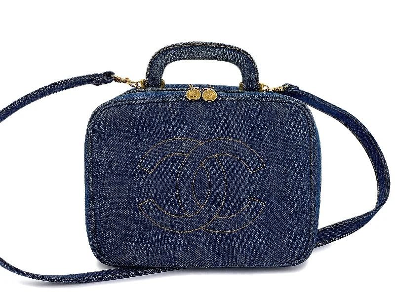 Chanel Chain Strap Handbag for Everyday UseChanel 1997 Vintage Blue Denim "Lunch Box" Vanity Timeless Logo Bag PIQ