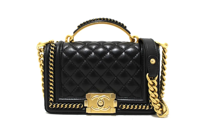 Chanel Chain Strap Handbag for Everyday UseAuthentic Chanel Black Calfskin Leather Boy Chanel Flap Bag with Handle