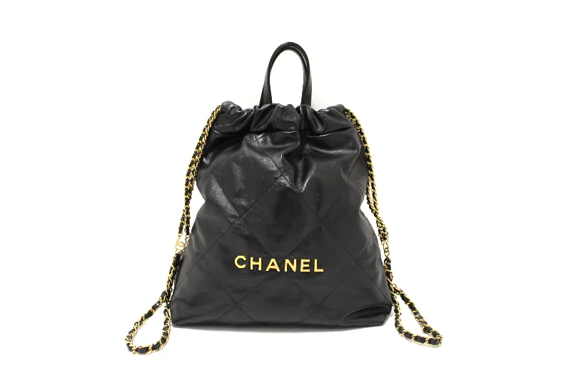 Chanel Luxury Handbag for High - End EventsAuthentic Chanel Black Chanel 22 Calfskin Leather Drawstring Chain Backpack