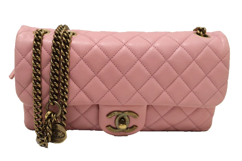 Chanel All - Match Handbag for Versatile StylingAuthentic Chanel Pink Calfskin Leather Zipped Back Pocket Calfskin Flap Bag